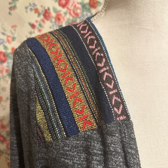 Gray Open Front Cardigan Sweater with boho Aztec Stripes at shoulder - Picture 4 of 7